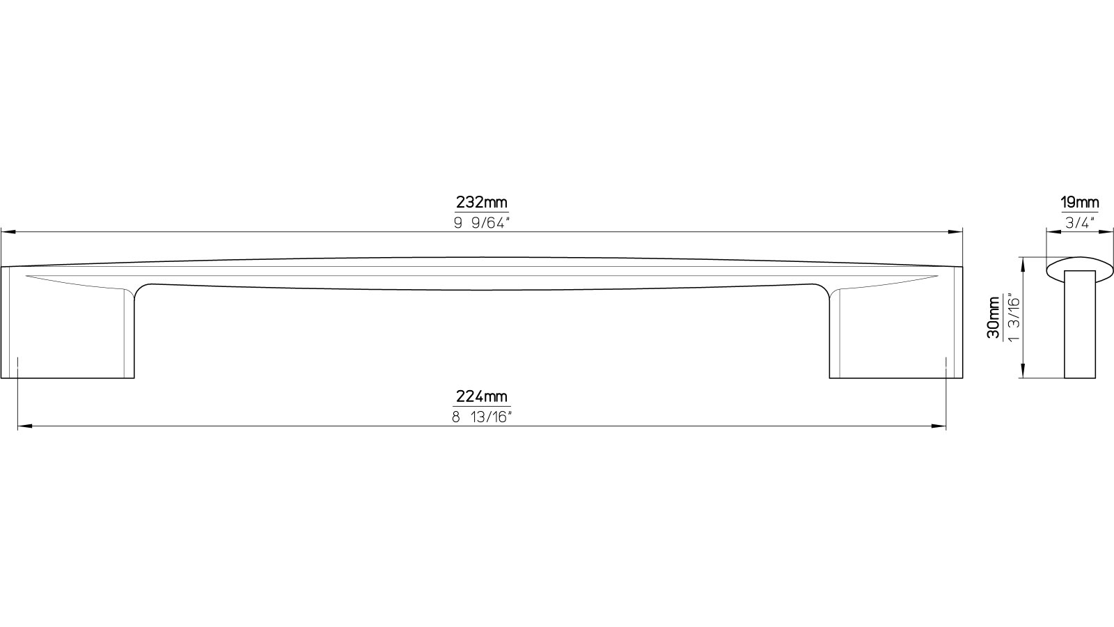 Griff Parchim Druckguss vernickelt feingeschliffen - 232 mm lang  vor weißem Hintergrund