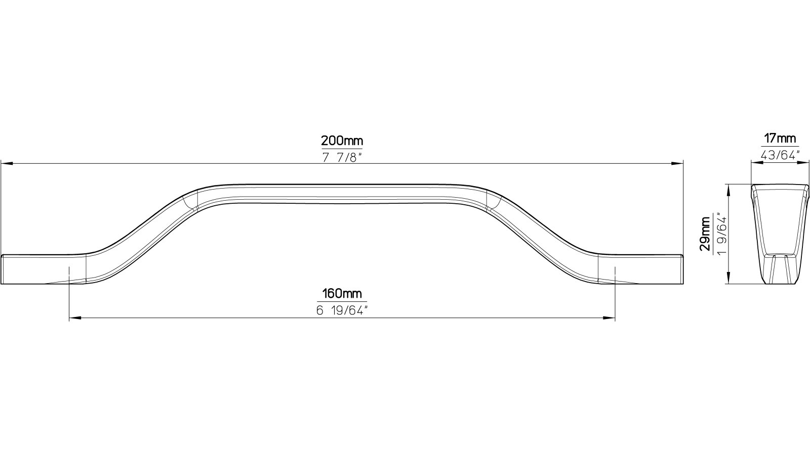 Moebelgriff-Pegnitz-chrom-Zinkdruckguss-laenge-200-776064-technische-zeichnung Griff Pegnitz Druckguss chrom glänzend - 200 mm lang vor weißem Hintergrund