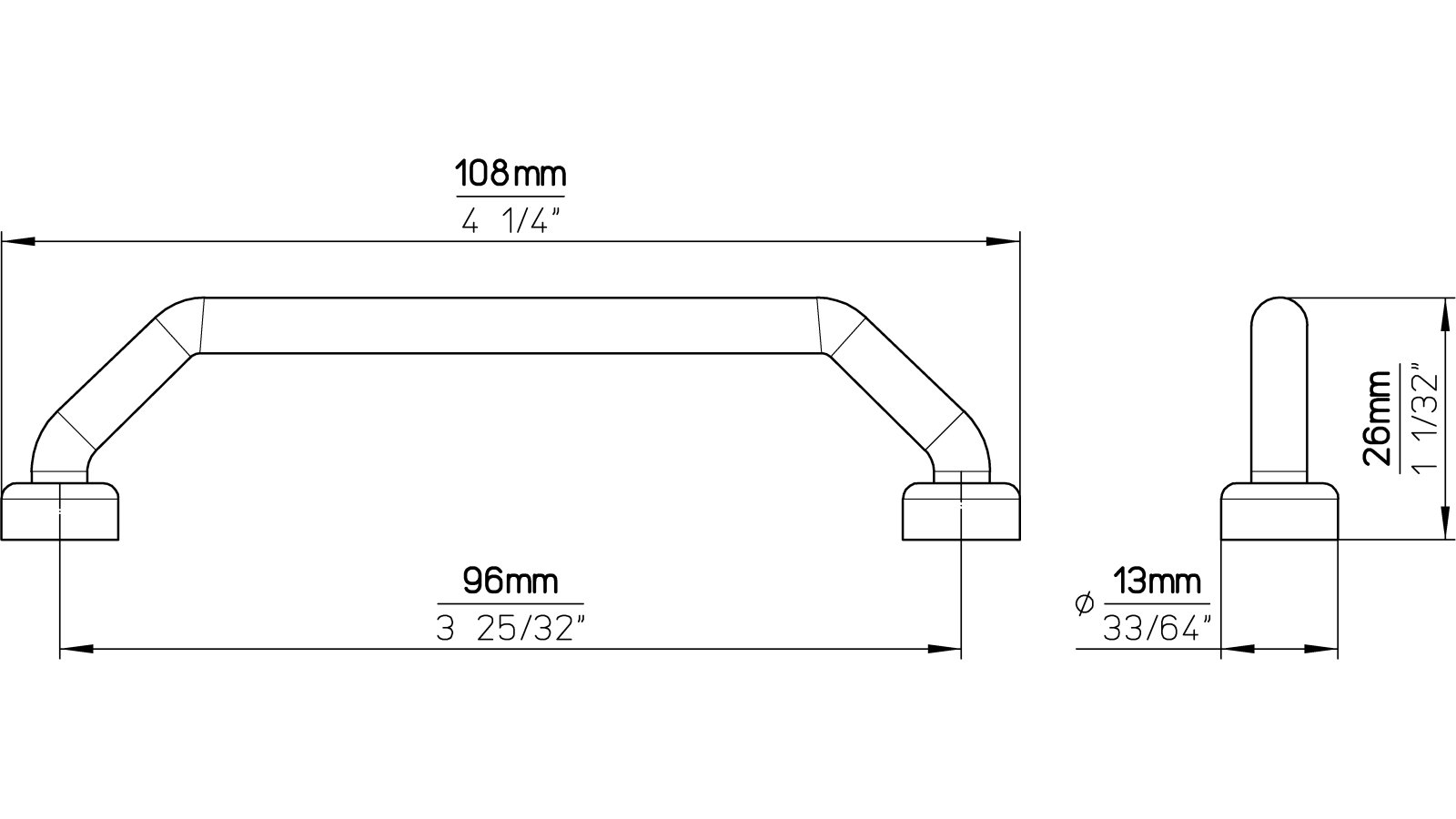 Griff Pirna Druckguss chrom glänzend - 108 mm lang  vor weißem Hintergrund