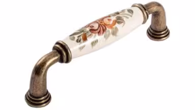 Griff Rosbach Zamak Porzellan antik beige Blumen Kafferose orange grün - 113 mm lang vor weißem Hintergrund