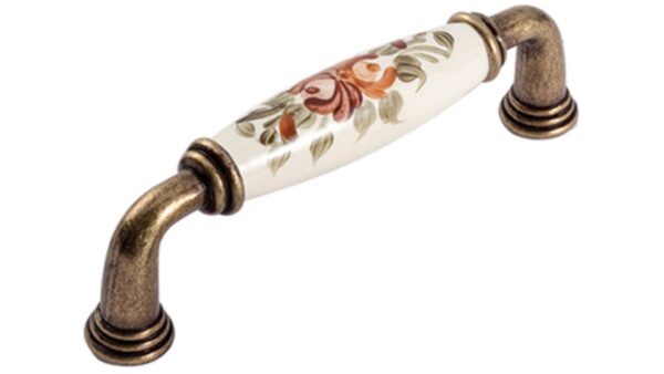 Griff Rosbach Zamak Porzellan antik beige Blumen Kafferose orange grün - 113 mm lang  vor weißem Hintergrund