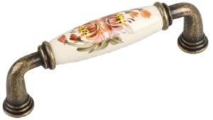 Griff Rosbach Zamak Porzellan antik beige Blumen Lotus orange grün - 113 mm lang  vor weißem Hintergrund