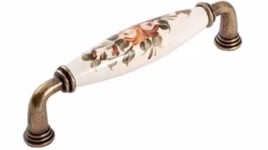 Griff Rosbach Zamak Porzellan antik beige Blumen Kafferose orange grün - 145 mm lang vor weißem Hintergrund