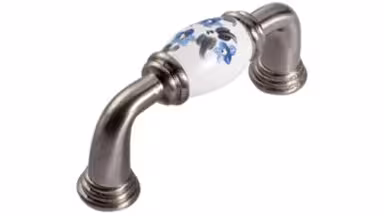 Griff Rosbach Zamak Porzellan satin weiß Blumen blau schwarz - 81 mm lang vor weißem Hintergrund
