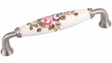 Griff Rosbach Zamak Porzellan satin weiß Blumen Rose pink lila grün - 145 mm lang vor weißem Hintergrund
