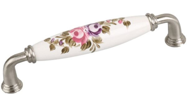 Griff Rosbach Zamak Porzellan satin weiß Blumen Rose pink lila grün - 145 mm lang  vor weißem Hintergrund