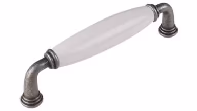 Griff Rosbach Zamak Porzellan antik silber weiß - 145 mm lang vor weißem Hintergrund