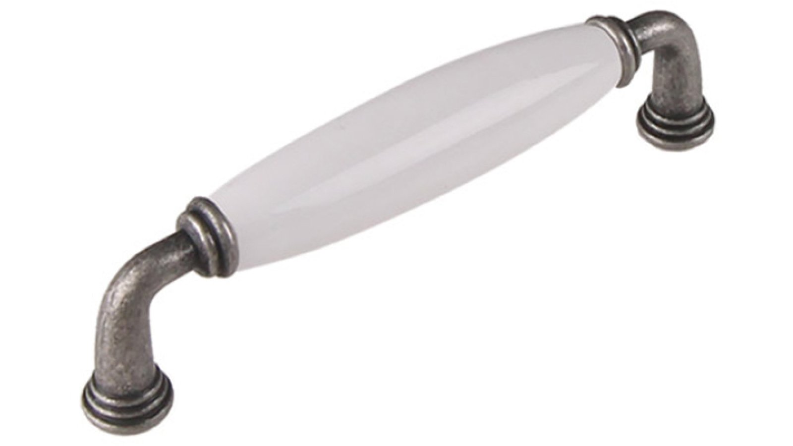 Griff Rosbach Zamak Porzellan antik silber weiß - 145 mm lang  vor weißem Hintergrund