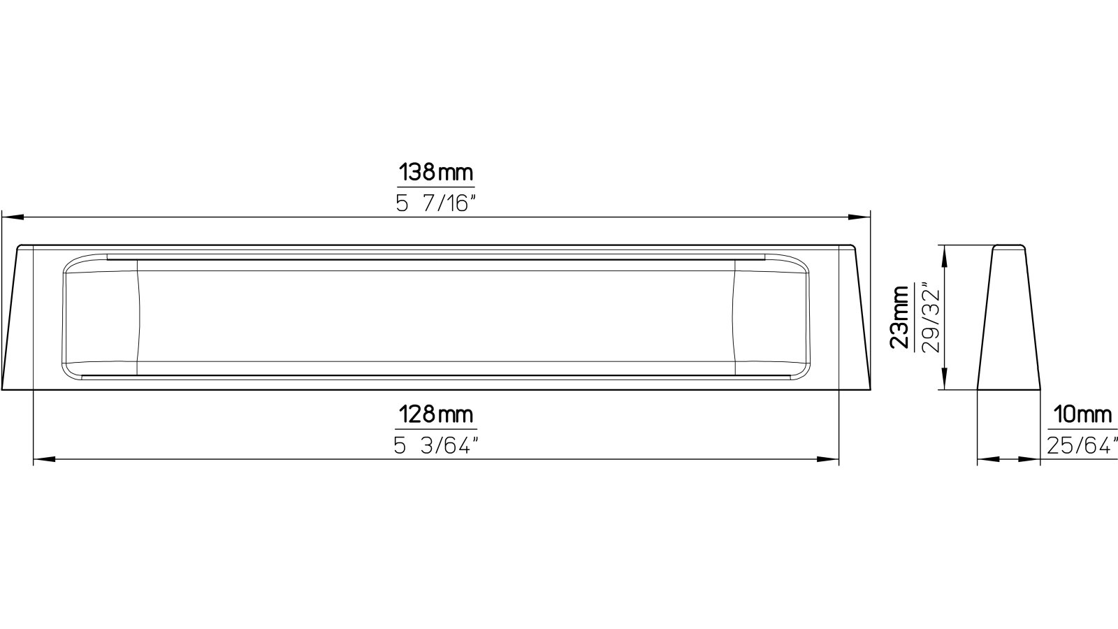 Moebelgriff-Rosdorf-schwarz-Zinkdruckguss-laenge-138-854104-technische-zeichnung Griff Rosdorf Druckguss schwarz matt pulverbeschichtet - 138 mm lang vor weißem Hintergrund