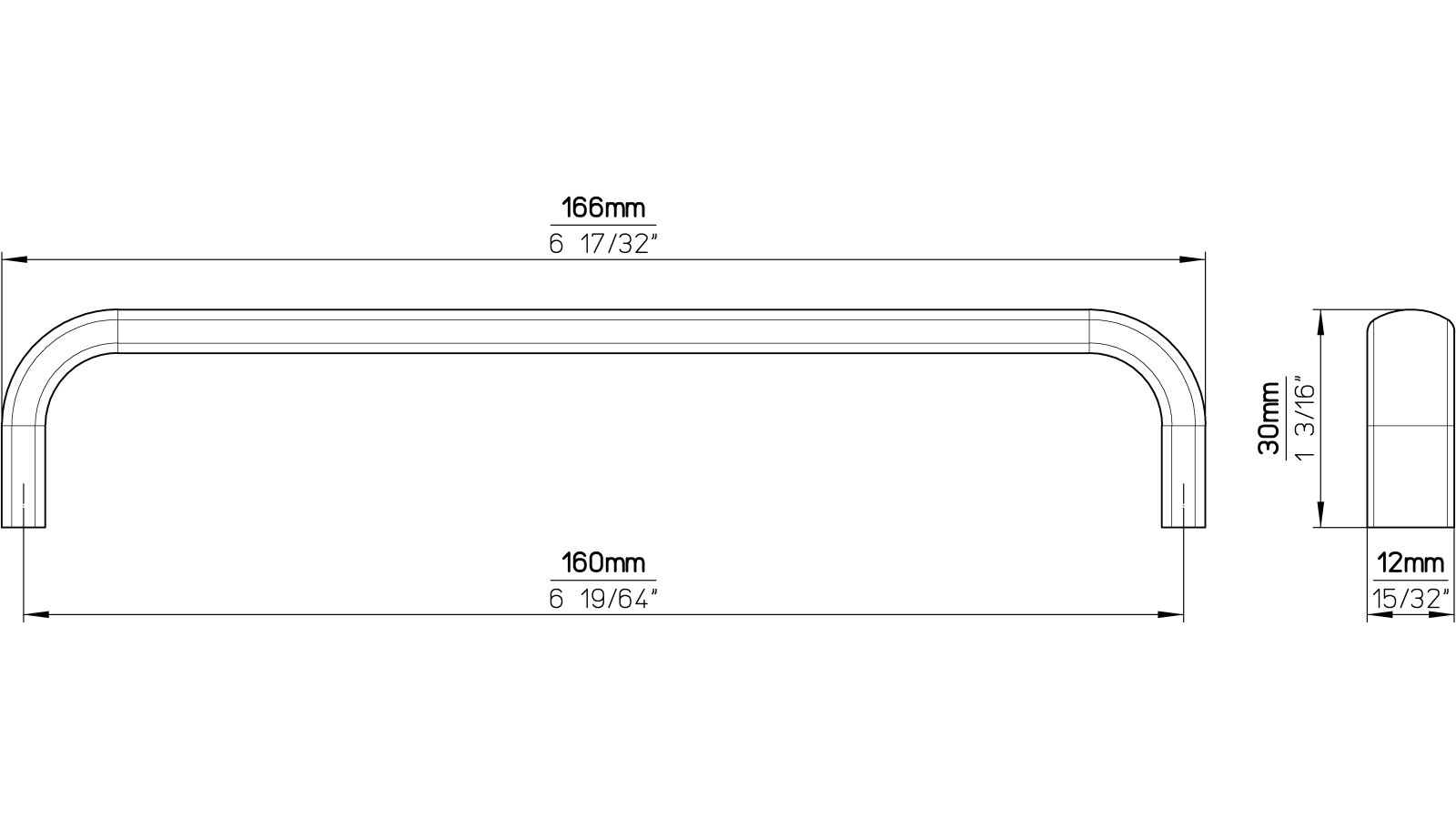 Griff Rotenburg Edelstahl fein geschliffen - 166 mm lang  vor weißem Hintergrund