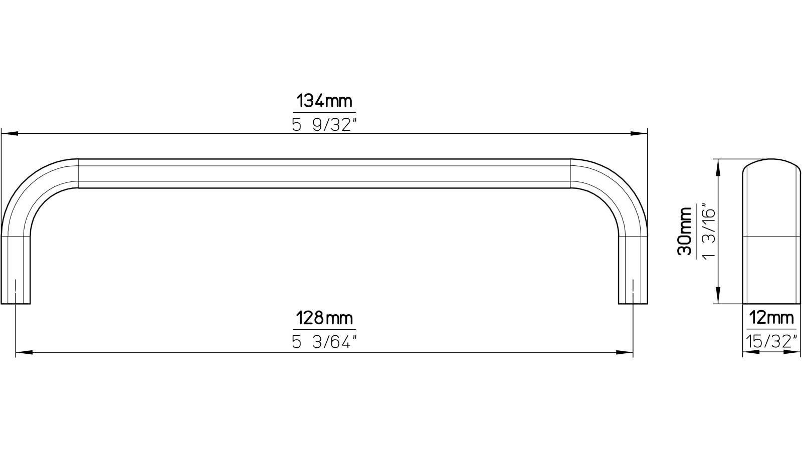 Griff Rotenburg Edelstahl schwarz geschliffen - 134 mm lang  vor weißem Hintergrund