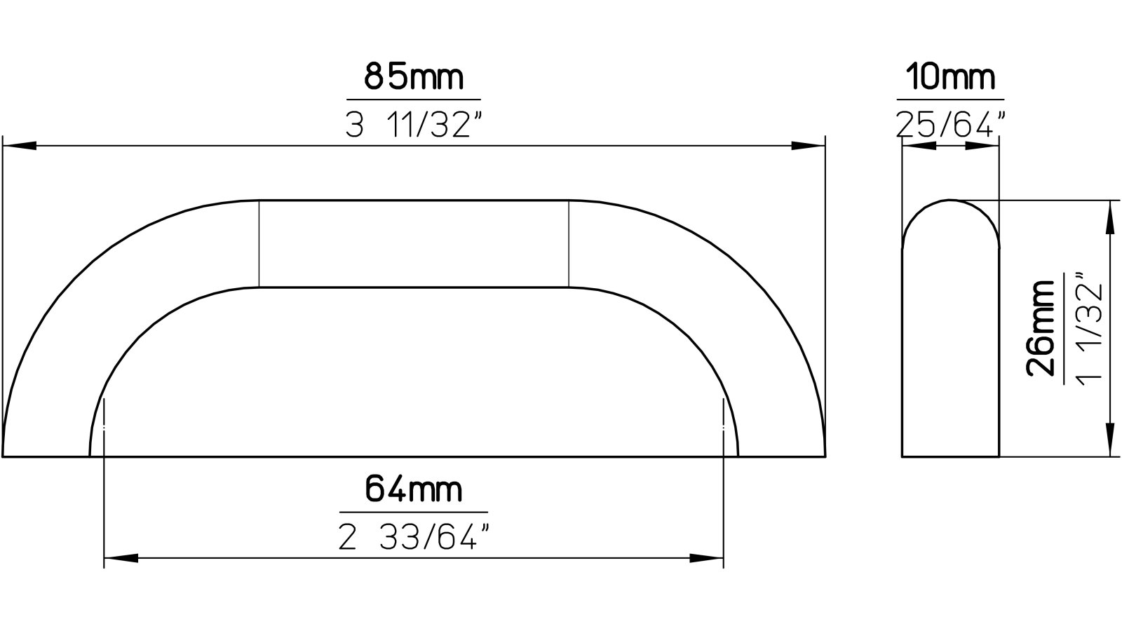 Moebelgriff-Saarbruecken-weiss-Kunststoff-laenge-85-41024-technische-zeichnung Griff Saarbrücken Kunststoff weiß - 85 mm lang vor weißem Hintergrund