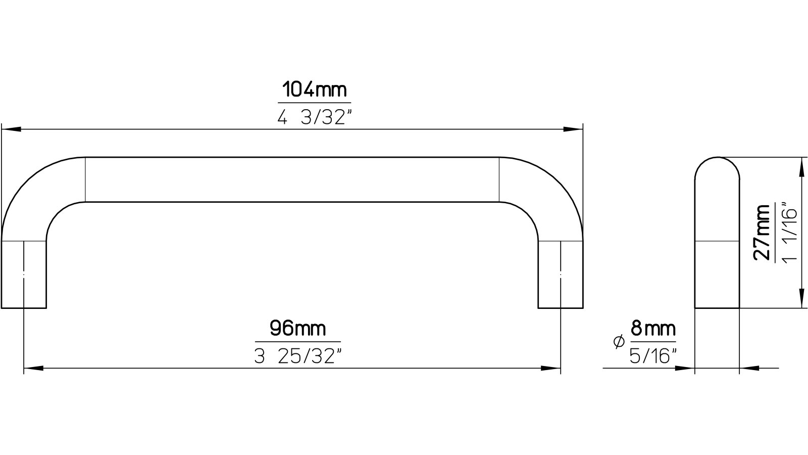 Moebelgriff-Schoeningen-weiss-Stahl-laenge-104-349544-technische-zeichnung Griff Schöningen Stahl reinweiß pulverbeschichtet - 104 mm lang vor weißem Hintergrund