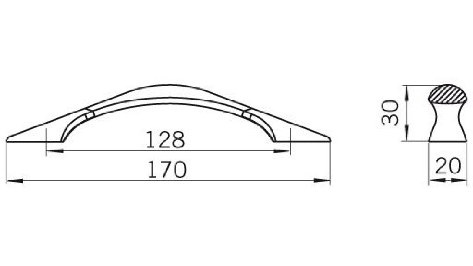 Moebelgriff-Schorndorf-weiss-Zinkdruckguss-laenge-169-421568-technische-zeichnung Griff Schorndorf Druckguss reinweiß pulverbeschichtet - 169 mm lang vor weißem Hintergrund