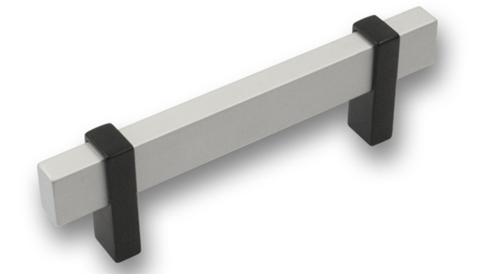 Griff Schrobenhausen Aluminium - Druckguss silber natur matt schwarz matt pulverbeschichtet - 136 mm lang  vor weißem Hintergrund