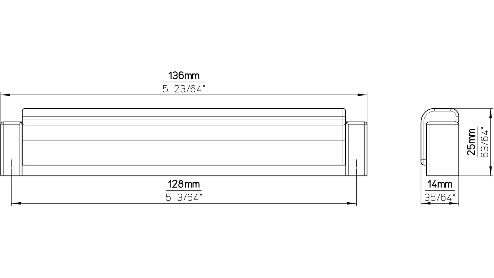 Moebelgriff-Schuettorf-chrom-nickel-Kunststoff-laenge-136-678068-technische-zeichnung Griff Schüttorf Kunststoff metallisiert nickel metallisiert chrom glänzend - 136 mm lang vor weißem Hintergrund