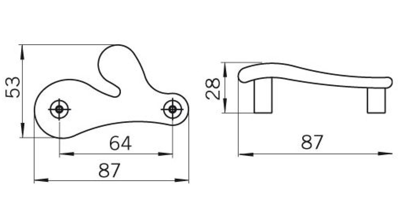Moebelgriff-Schwalbach-nickel-Zinkdruckguss-laenge-87-424244-technische-zeichnung Griff Schwalbach Druckguss matt vernickelt - 87 mm lang vor weißem Hintergrund