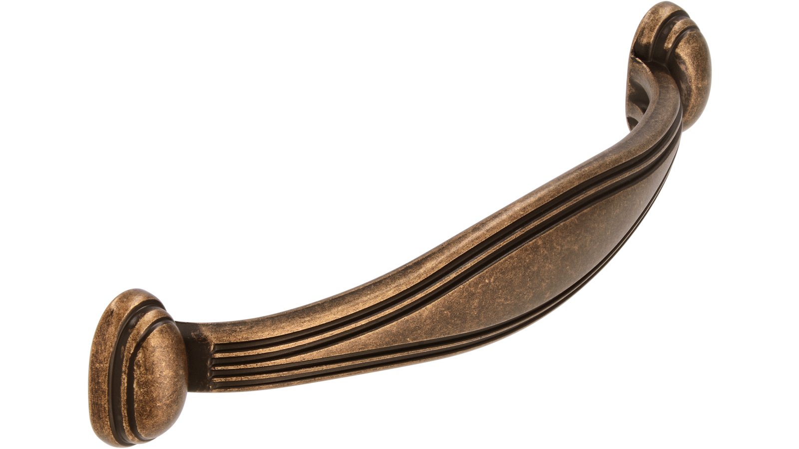 Griff Schwarzenbeck Druckguss altmessingfarbig brüniert getrommelt - 110 mm lang  vor weißem Hintergrund