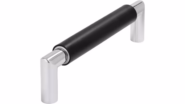 Griff Straelen Stahl - Druckguss schwarz matt pulverbeschichtet chrom glänzend - 140 mm lang vor weißem Hintergrund