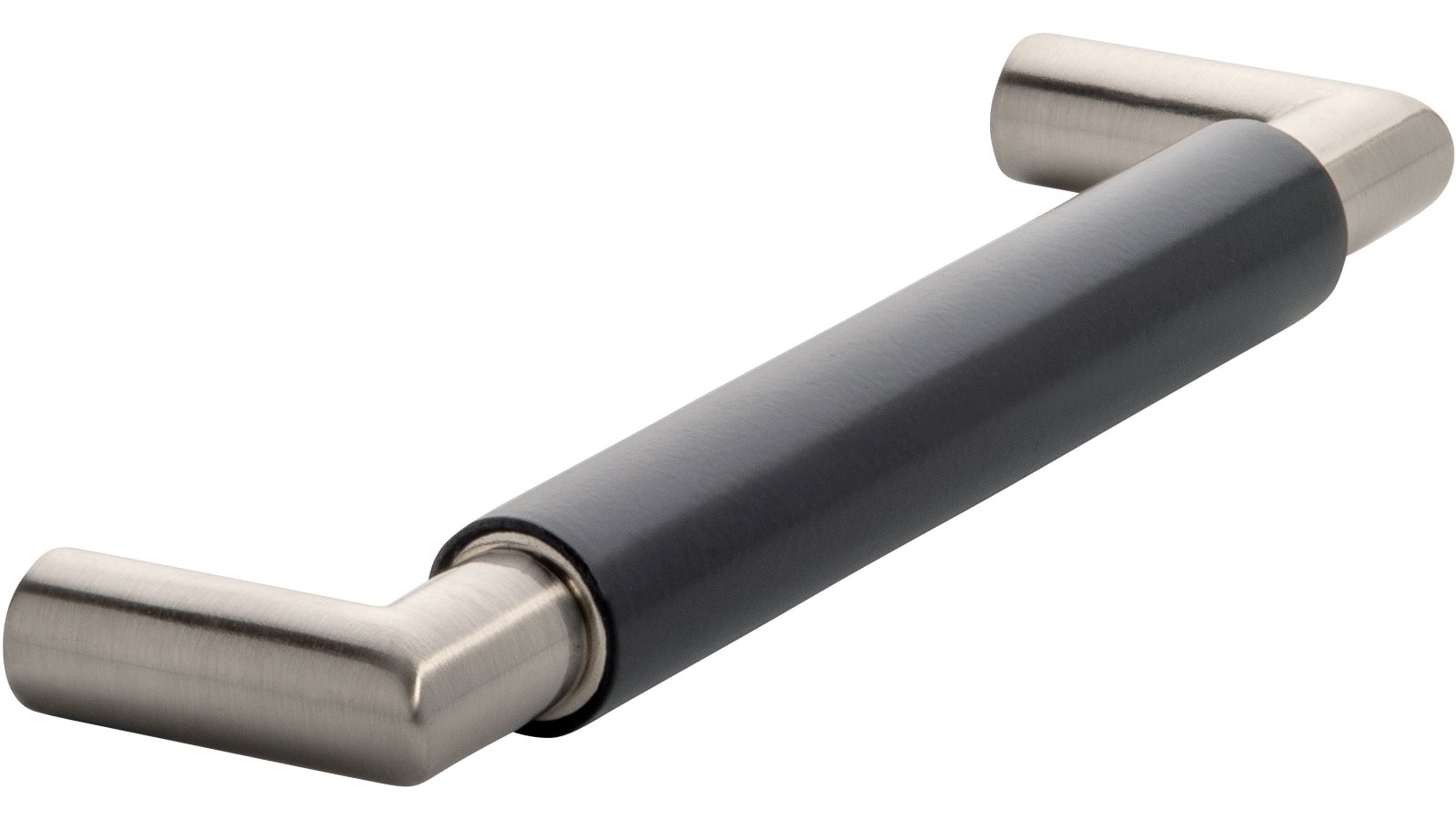 Griff Straelen Stahl - Druckguss schwarz matt pulverbeschichtet vernickelt feingeschliffen - 140 mm lang  vor weißem Hintergrund