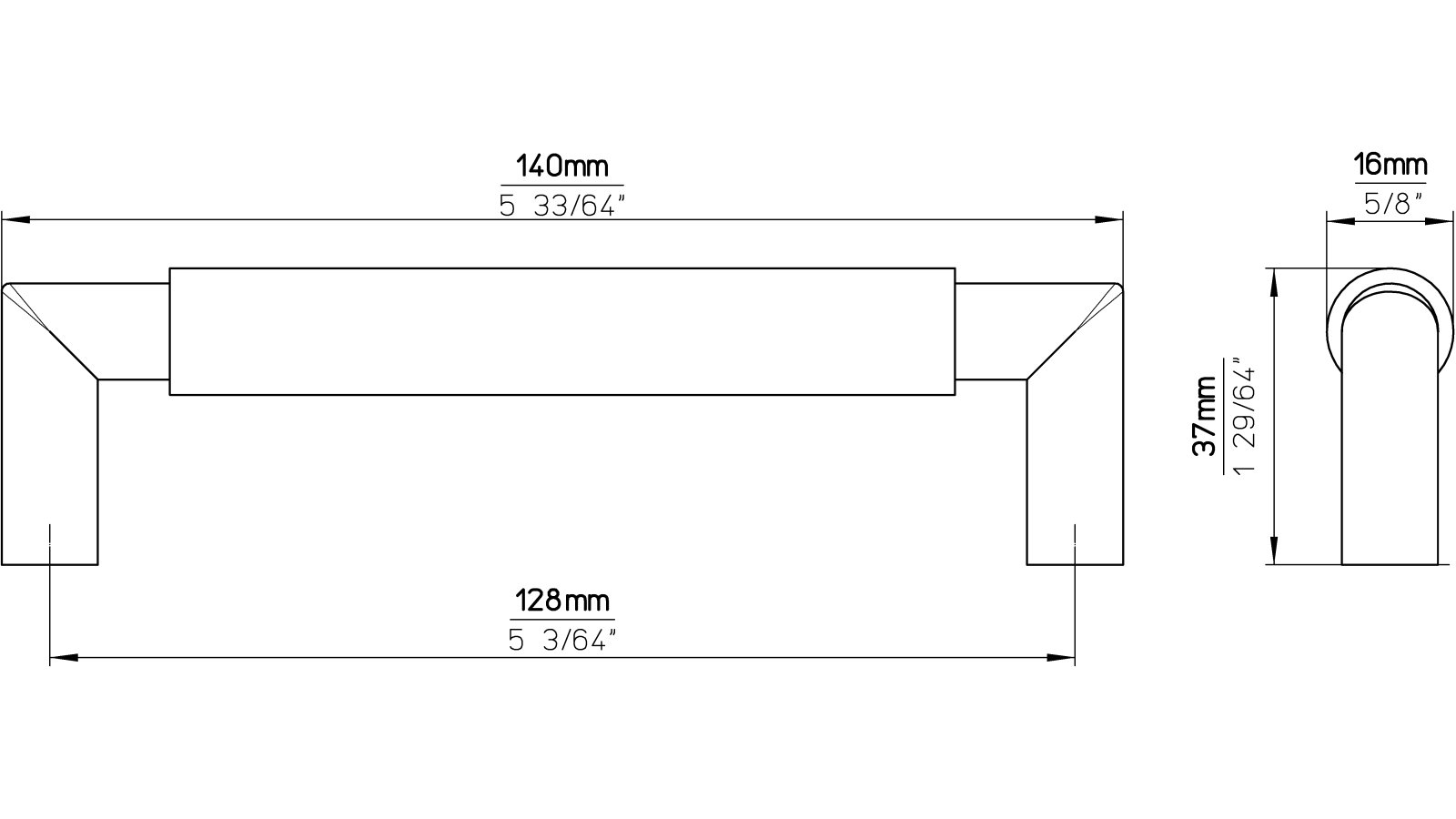 Griff Straelen Stahl - Druckguss schwarz matt pulverbeschichtet vernickelt feingeschliffen - 140 mm lang  vor weißem Hintergrund