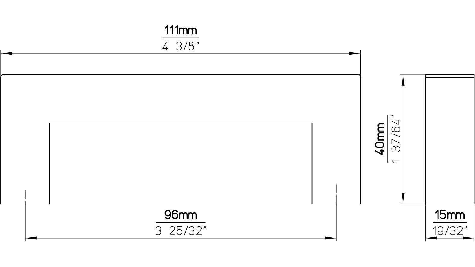 Griff Unterhaching Edelstahl fein geschliffen - 111 mm lang  vor weißem Hintergrund