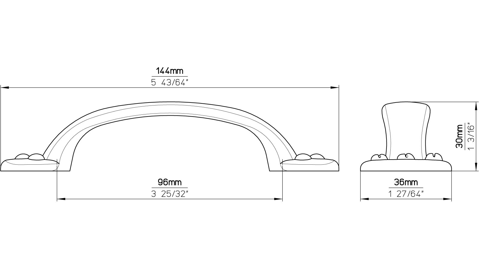 Moebelgriff-Wachtberg-brueniert-messing-Messing-Zinkdruckguss-laenge-143-646906-technische-zeichnung Griff Wachtberg Druckguss altmessingfarbig brüniert getrommelt - 143 mm lang vor weißem Hintergrund