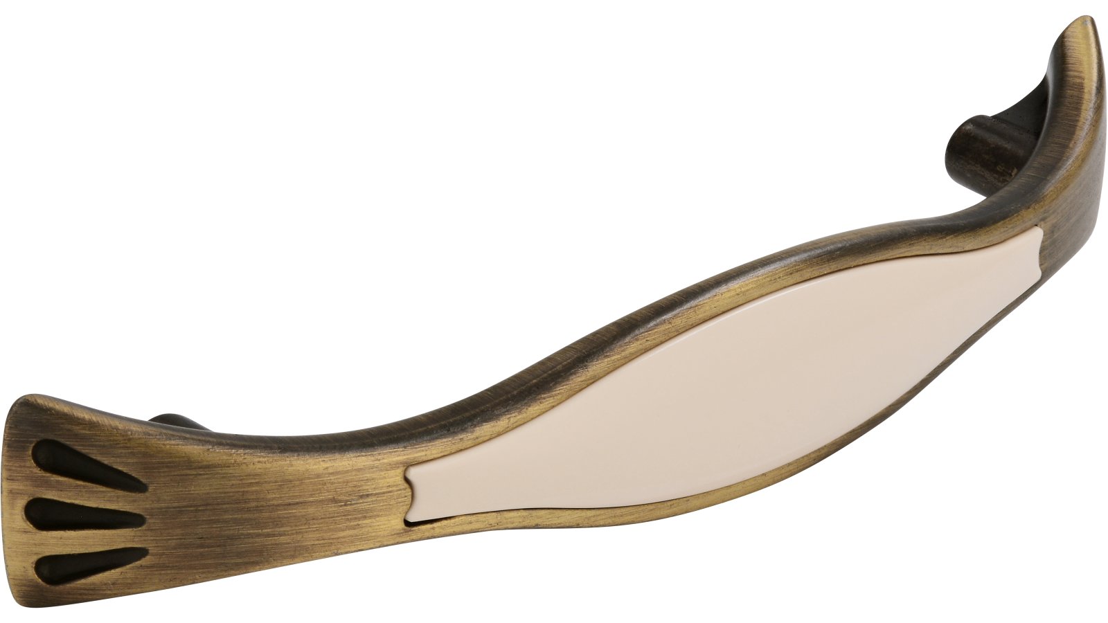 Moebelgriff-und-Einlage-Eilenburg-brueniert-beige-messing-Messing-Kunststoff-Zinkdruckguss-laenge-130-676792-seitlich Griff + Einlage Eilenburg Druckguss - Kunststoff altmessing brüniert gebürstet beige - 130 mm lang vor weißem Hintergrund