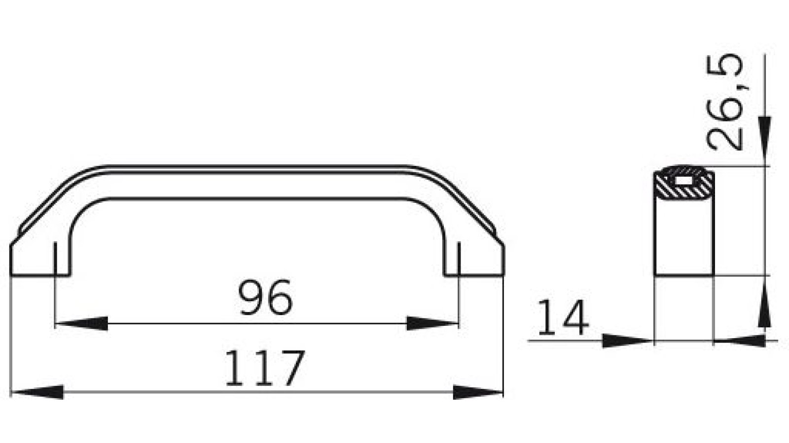Griff + Einlage Grevenbroich Kunststoff galvanisiert - chrom glänzend, Kunststoff Edelstahleffekt - nickel matt gebürstet - 117 mm lang  vor weißem Hintergrund