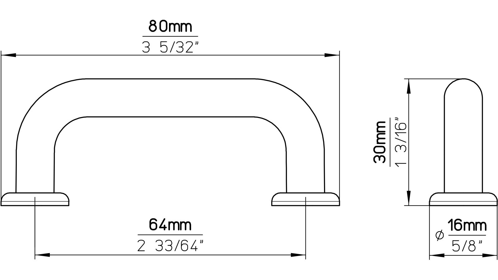 Griff + Unterlagen Bonn Kunststoff braun - 80 mm lang  vor weißem Hintergrund