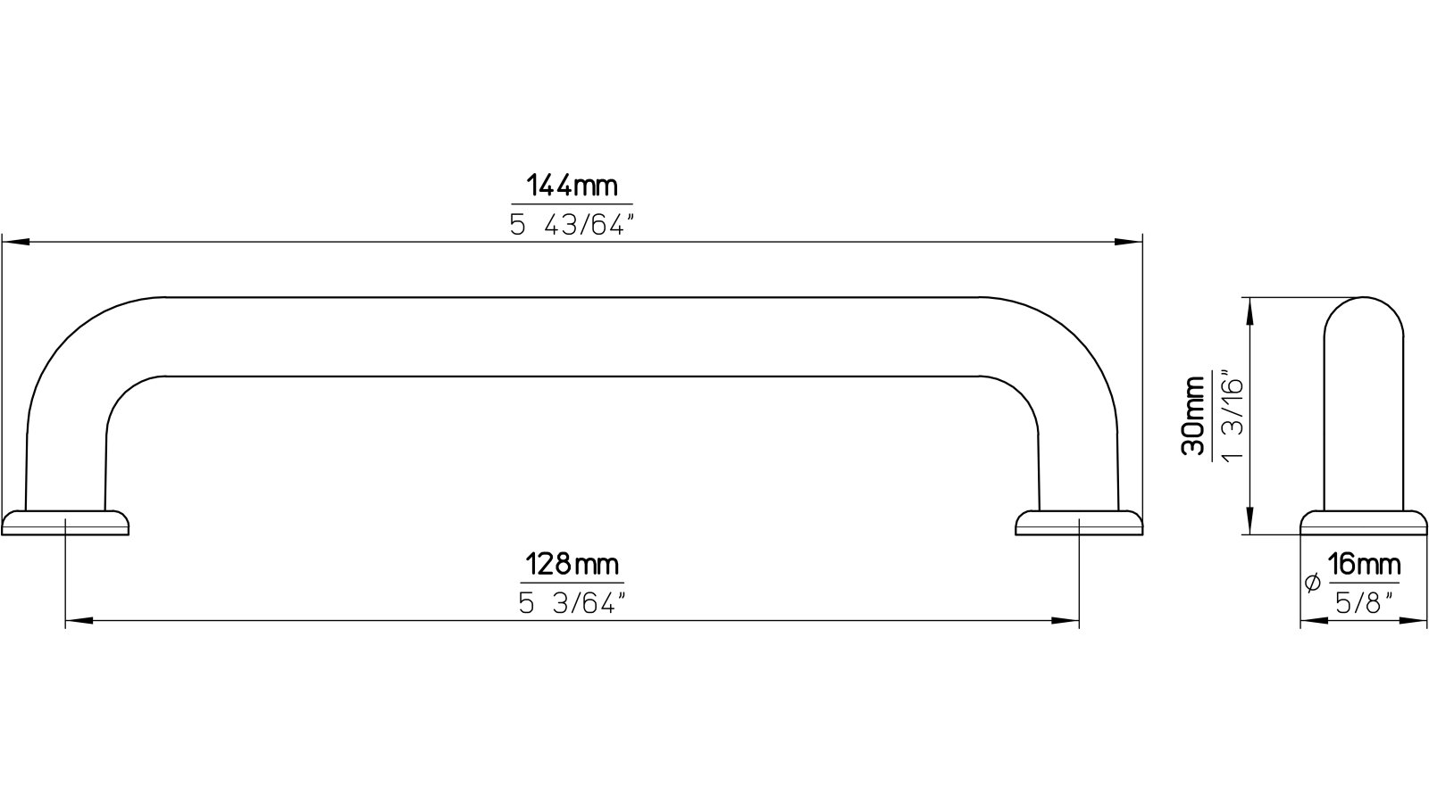 Moebelgriff-und-Unterlage-Bonn-weiss-Kunststoff-laenge-144-676606-technische-zeichnung Griff + Unterlagen Bonn Kunststoff weiß - 144 mm lang vor weißem Hintergrund