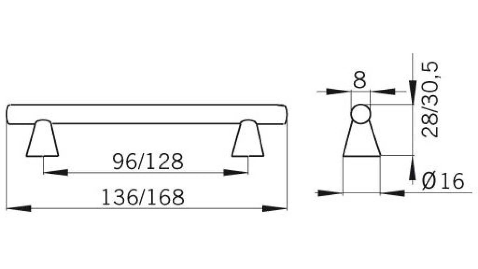 Moebelgriff-und-Unterstellfuesse-Neumuenster-chrom-blau-Kunststoff-laenge-168-385626-technische-zeichnung Griff+Unterstellfüsse Neumünster Kunststoff marinblau galvanisiert chrom glänzend - 168 mm lang vor weißem Hintergrund