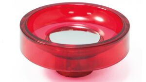 Knopf Altusried Kunststoff Glaseffekt - rot, Kunststoff metallisiert - chrom glänzend - 60 mm lang vor weißem Hintergrund