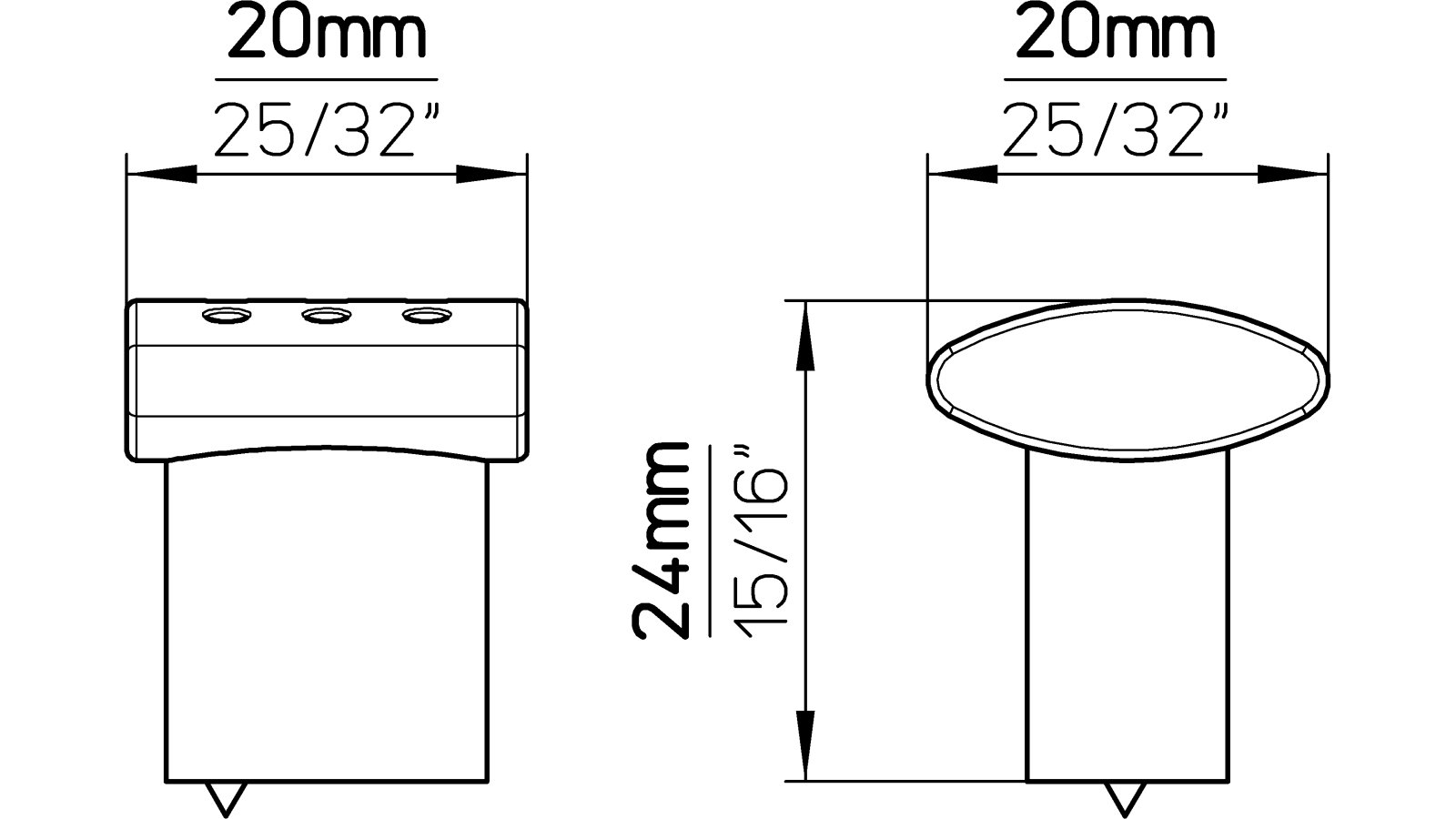 Knopf Apolda Druckguss chrom glänzend - 20 mm lang  vor weißem Hintergrund