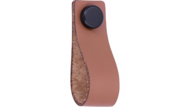 Knopf Asperg Aluminium - Echtleder braun schwarz matt pulverbeschichtet - 76 mm lang  vor weißem Hintergrund