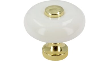Knopf Bad-Schwalbach Keramik-Druckguss/Metallfuß weiß poliert - 31 mm lang vor weißem Hintergrund