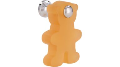 Knopf Bargteheide Kunststoff - Metallfuß glaseffekt lachs matt poliert verchromt - 48 mm lang vor weißem Hintergrund