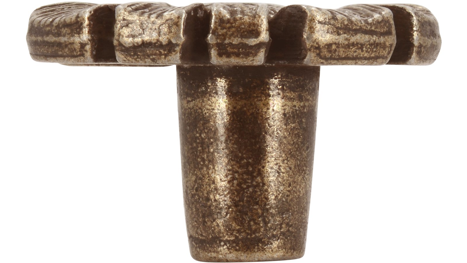 Knopf Biberach Druckguss altmessingfarbig brüniert getrommelt - 32 mm lang  vor weißem Hintergrund