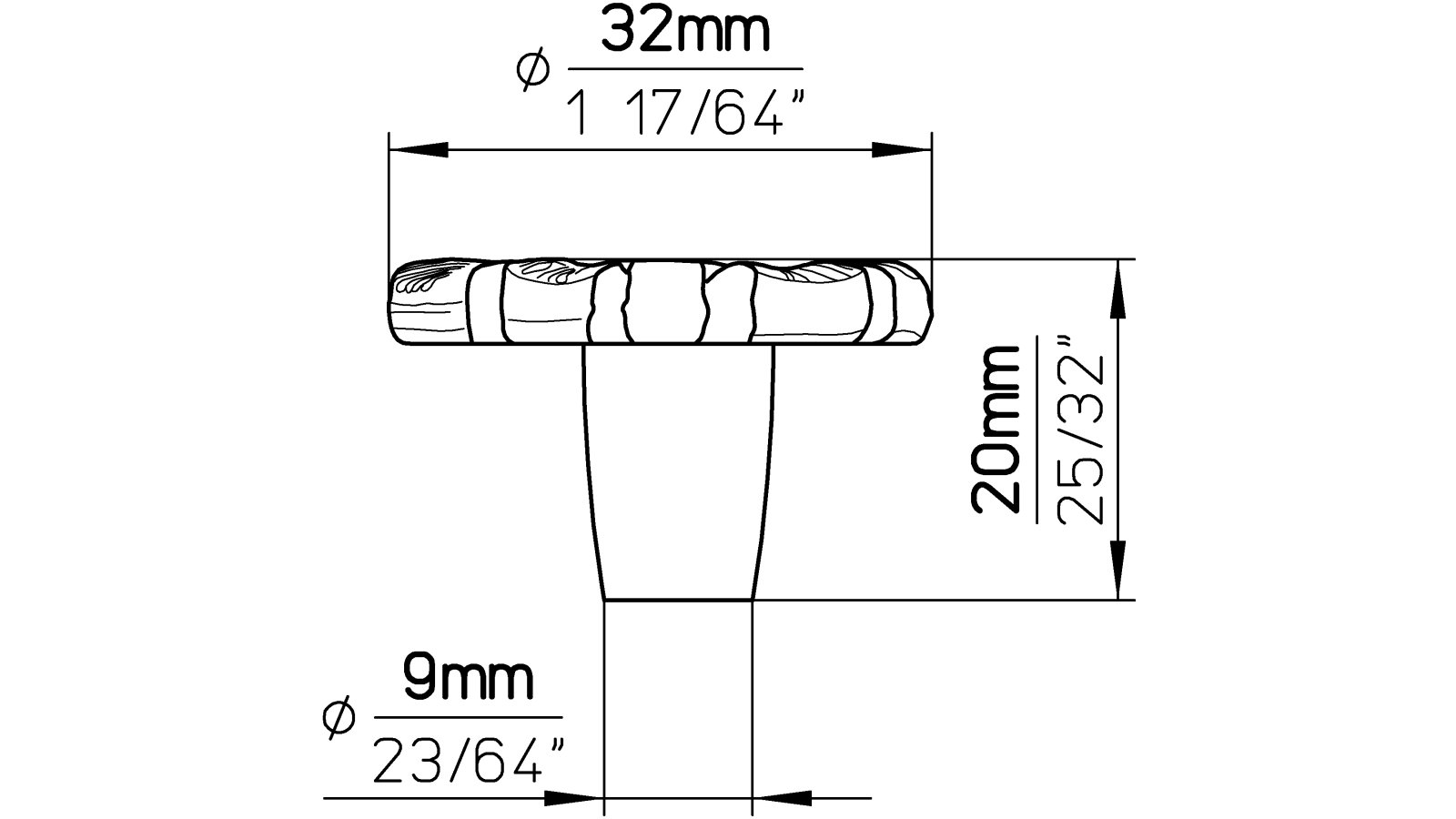Knopf Biberach Druckguss altmessingfarbig brüniert getrommelt - 32 mm lang  vor weißem Hintergrund