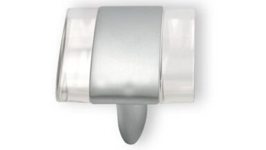 Knopf Bingen Druckguss - Kunststoff chrom matt glaseffekt glasklar - 40 mm lang  vor weißem Hintergrund