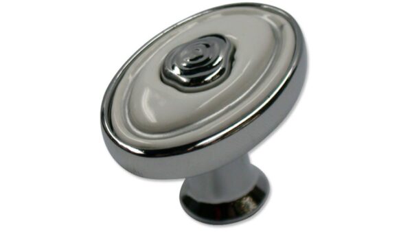 Knopf Brakel Druckguss - Kunststoff chrom glänzend weiß silber glänzend - 32 mm lang vor weißem Hintergrund