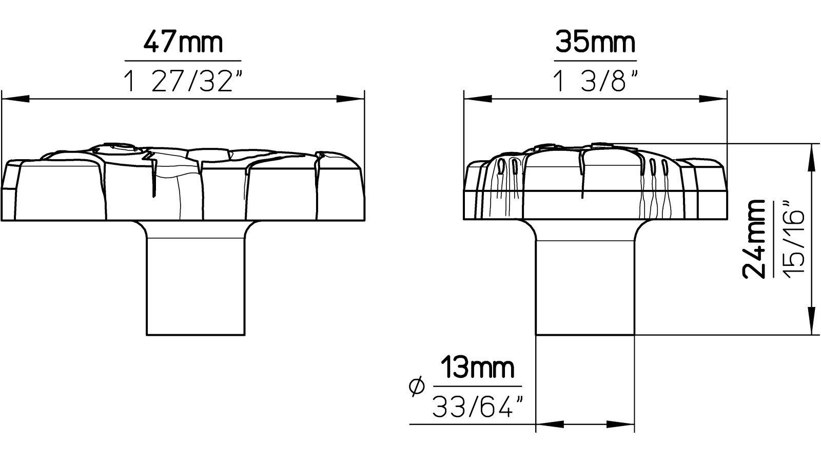 Knopf Demmin Softmaterial - Metallfuß grau - 50 mm lang  vor weißem Hintergrund