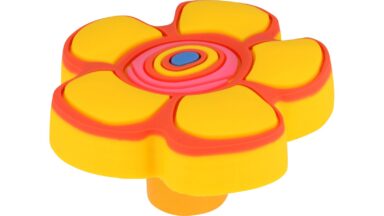 Knopf Dorfen Softmaterial - Metallfuß gelb-orange - 44 mm lang  vor weißem Hintergrund