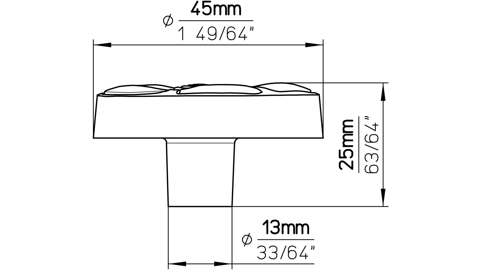 Moebelknopf-Dorfen-orange-gelb-Softmaterial-laenge-44-668380-technische-zeichnung Knopf Dorfen Softmaterial - Metallfuß gelb-orange - 44 mm lang vor weißem Hintergrund