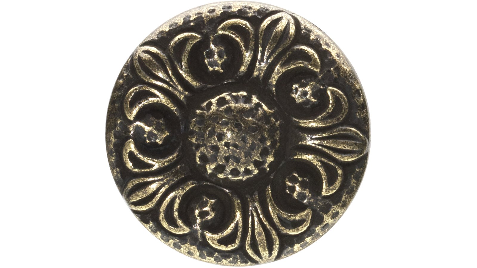 Knopf Dresden Druckguss altmessingfarbig brüniert getrommelt - 33 mm lang  vor weißem Hintergrund