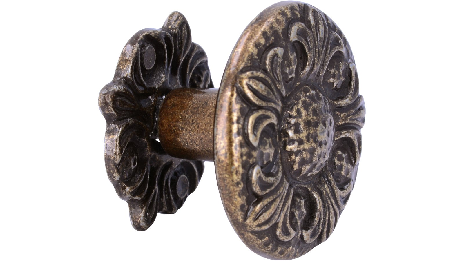 Knopf Dresden Druckguss altmessingfarbig brüniert getrommelt - 33 mm lang  vor weißem Hintergrund