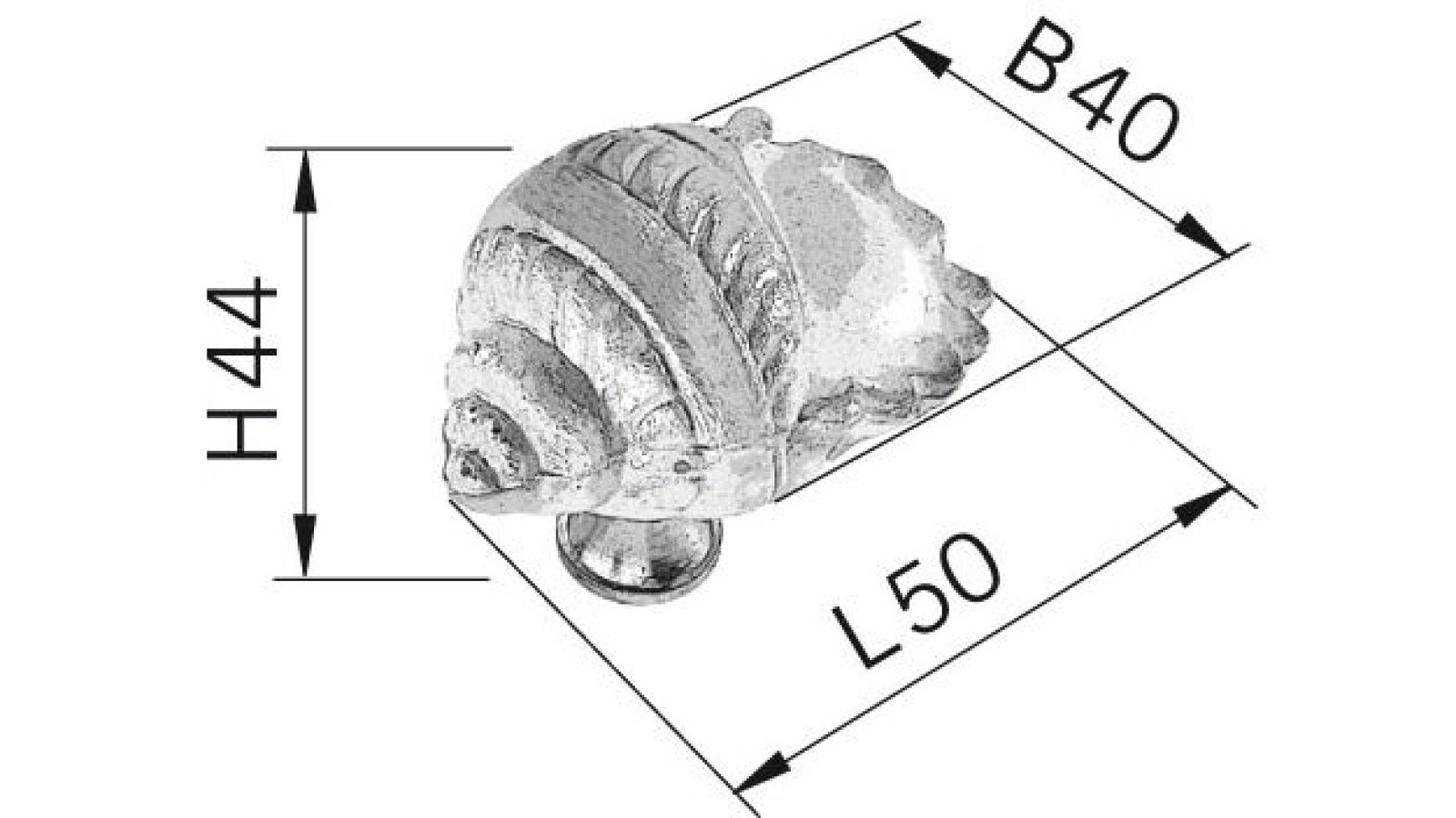 Moebelknopf-Edingen-Neckarhausen-chrom-Softmaterial-laenge-50-606602-technische-zeichnung Knopf Edingen-Neckarhausen Softmaterial - Metallfuß geschäumt muschel verchromt poliert - 50 mm lang vor weißem Hintergrund
