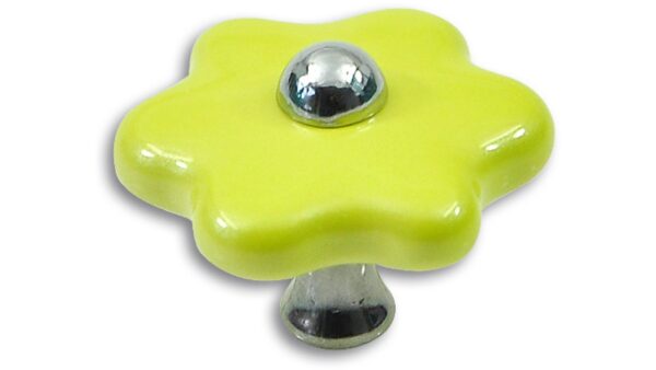 Knopf Euskirchen Kunststoff-Druckguss gelb chrom glänzend - 40 mm lang vor weißem Hintergrund