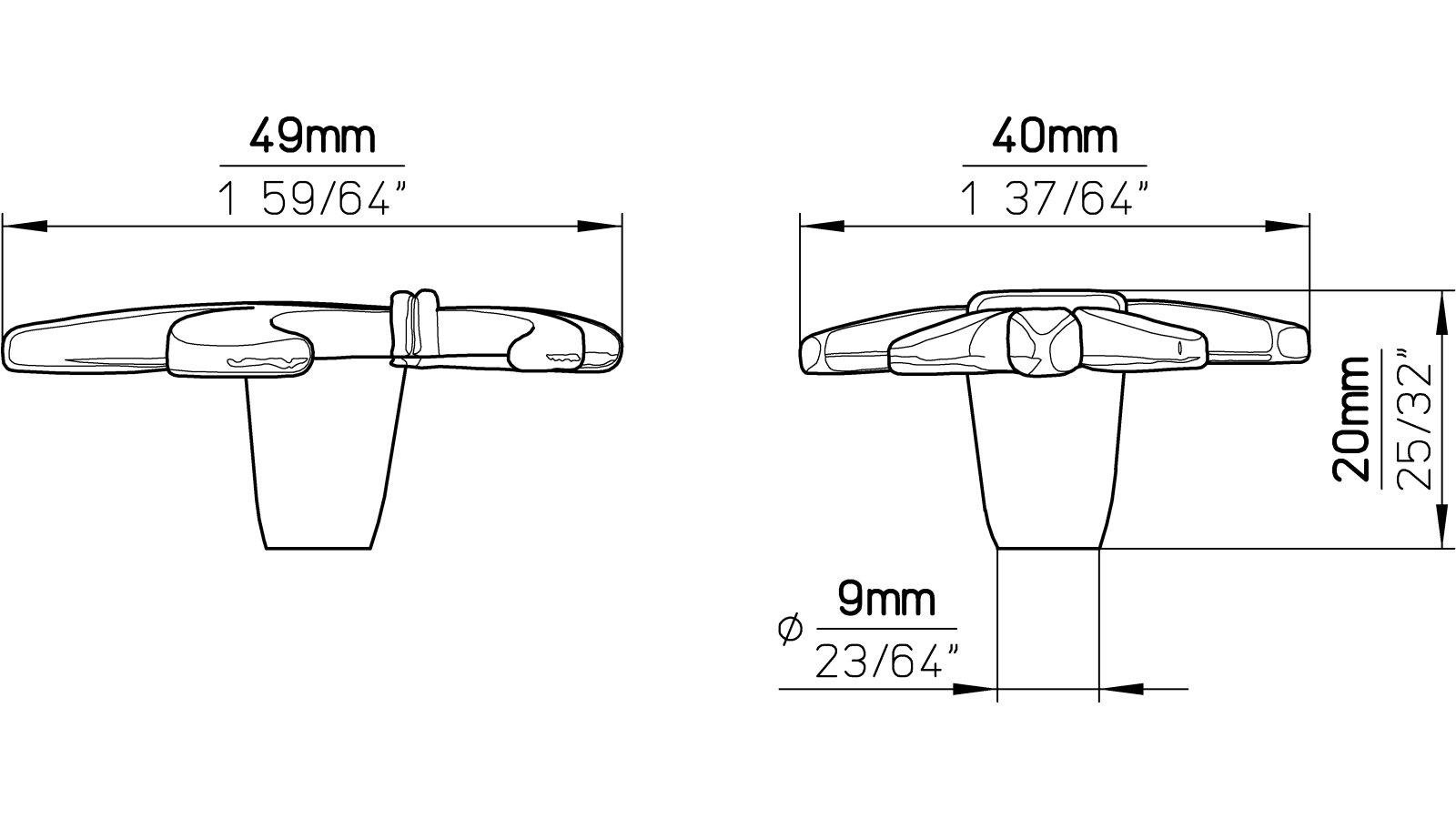 Moebelknopf-Fuerstenfeldbruck-brueniert-messing-Messing-Zinkdruckguss-laenge-48-427386-technische-zeichnung Knopf Fürstenfeldbruck Druckguss altmessingfarbig brüniert getrommelt - 48 mm lang vor weißem Hintergrund
