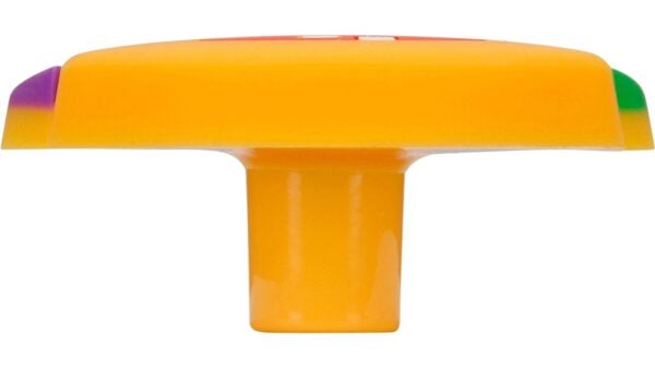 Knopf Gesicht-Hörner Softmaterial - Metallfuß gummieffekt gelb - 56 mm lang  vor weißem Hintergrund